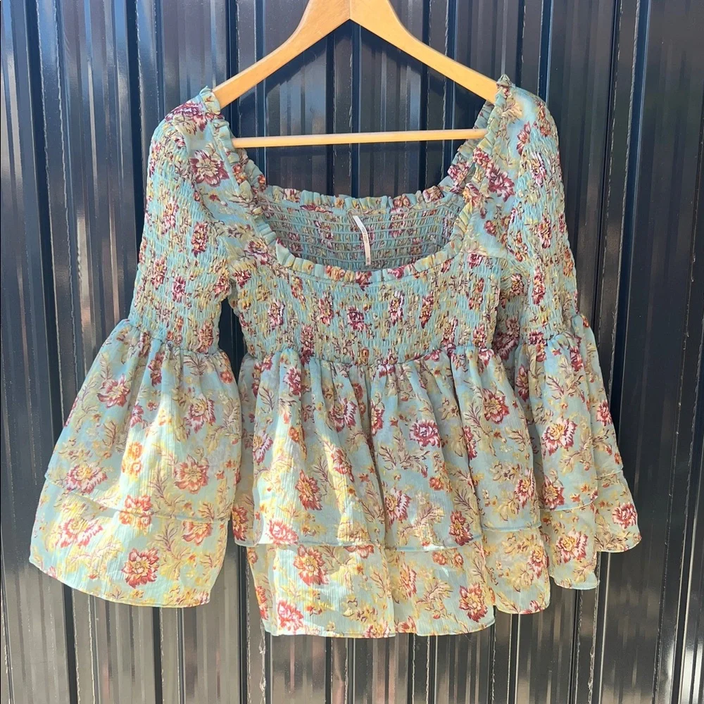 Free People Floral Smocked Blouse Blue Green Pink Red Flowers Flowy Fairy Boho - Picture 2 of 8
